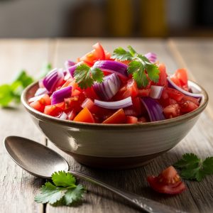 A bright, colorful bowl of diced tomatoes, purple onions, and green cilantro, natural daylight, vibrant colors.