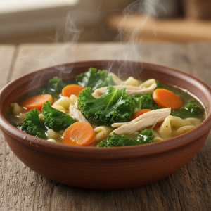 Close-up of a steaming bowl of chicken noodle soup with vibrant green kale and sliced carrots, rustic wooden table, soft lighting.