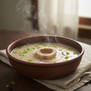 Deep bowl of rich brown beef stew with a large marrow bone, garnished with herbs, steam rising, high-end food photography.